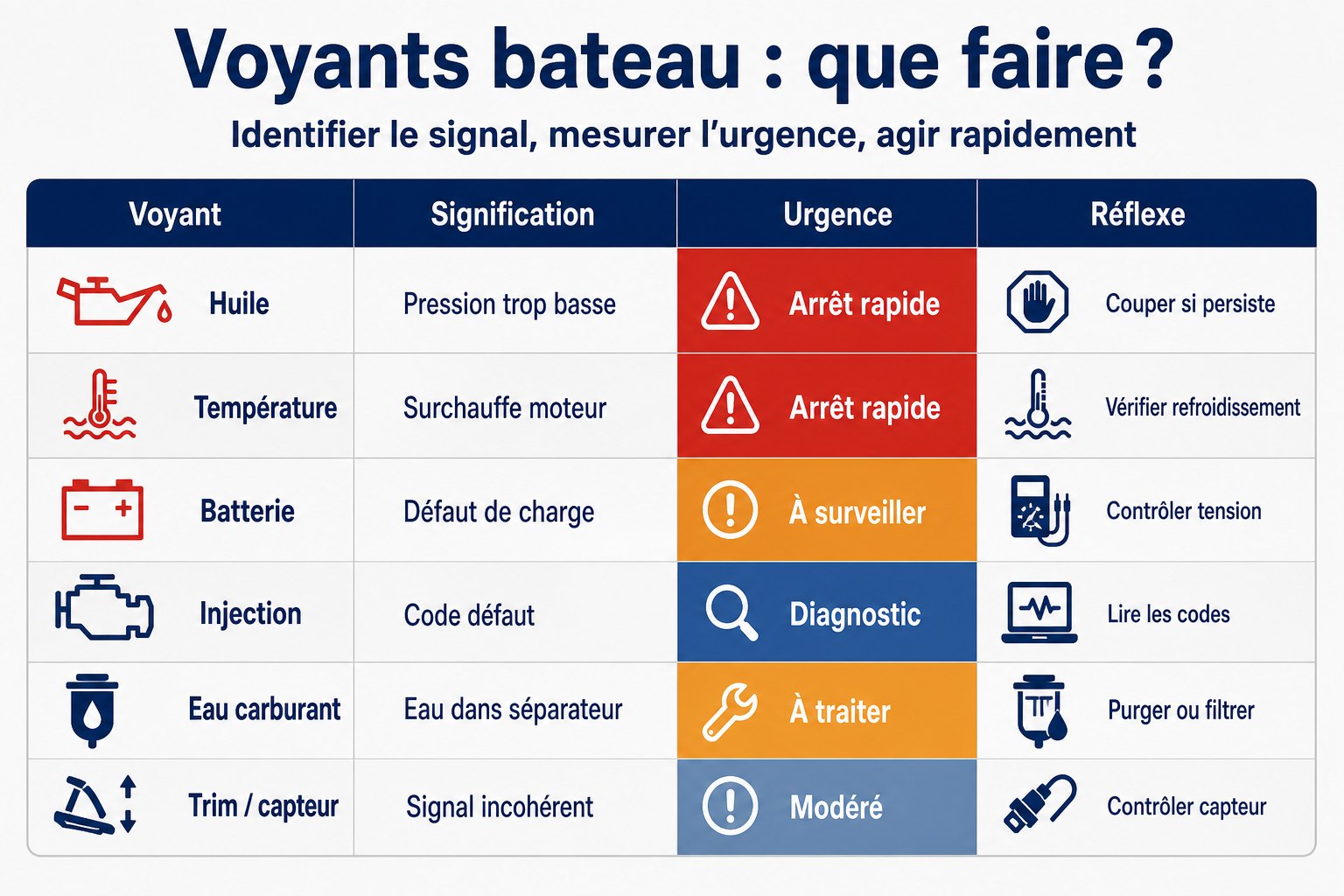 Infographie des principaux voyants bateau avec signification, urgence et réflexe à adopter